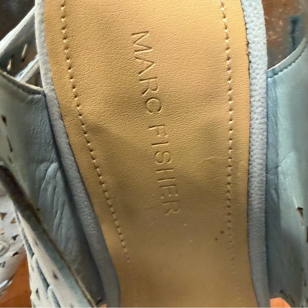 Marc Fisher Boho Chic Leather Lace-Up Cork Wedge Sandals – Light Blue (EUC)